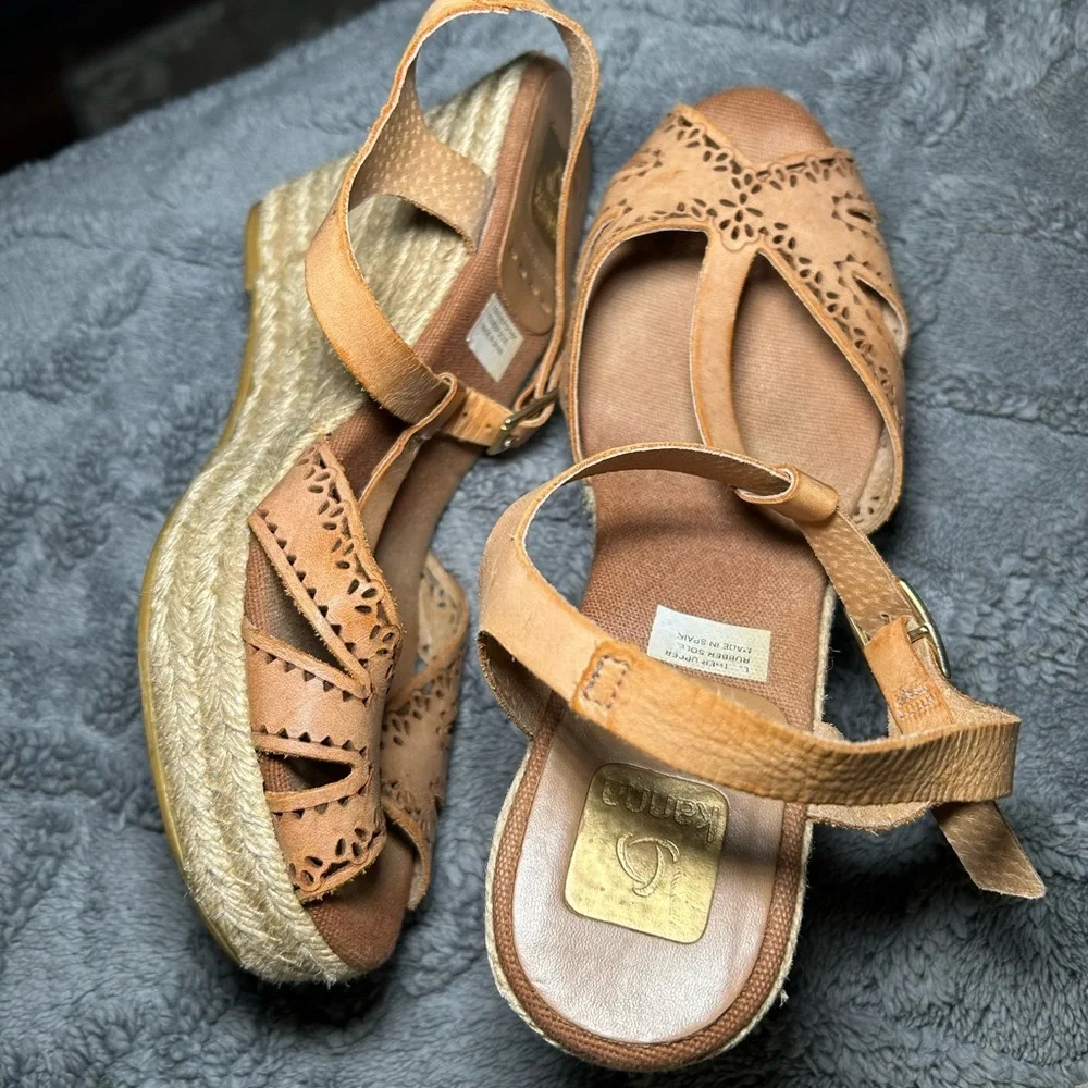 KANNA Women’s 39/8.5 T-Strap Slingback Espadrille Wedge spanish tooled Leather